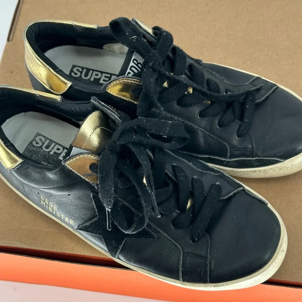 Golden Goose Superstar Black Leather Sneakers Low Trainers‎ Gold Heel Italy 39